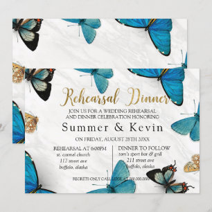 Chic Teal Blue Painted Butterfly Rehearsal Dinner Invitation