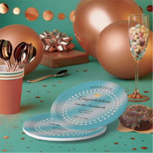 Chic Teal Blue & Pearls Metal Brushed Graduation Paper Plate