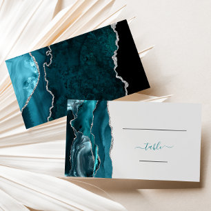 Chic Teal Blue Silver Agate Grey Wedding Escort Place Card