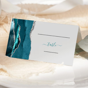 Chic Teal Blue Silver Agate Wedding Place Card