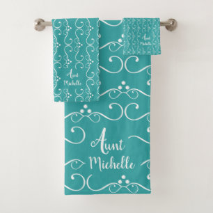 Chic Teal Blue White Pattern Aunt Template Bath Towel Set