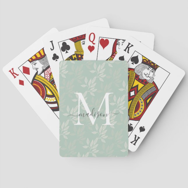 Chic Teal Botanical Leaves Monogram Script Name Playing Cards (Back)