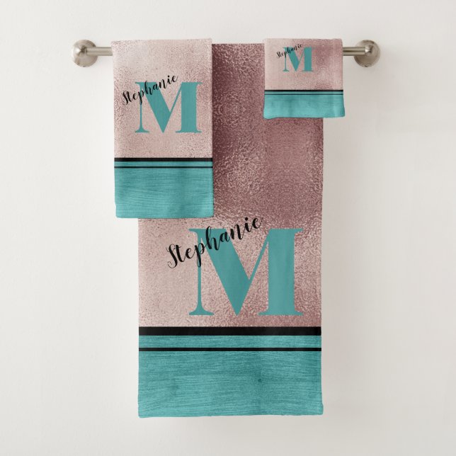 Chic Teal Brushed Metal Monogrammed Elegant Bath T Bath Towel Set (Insitu)