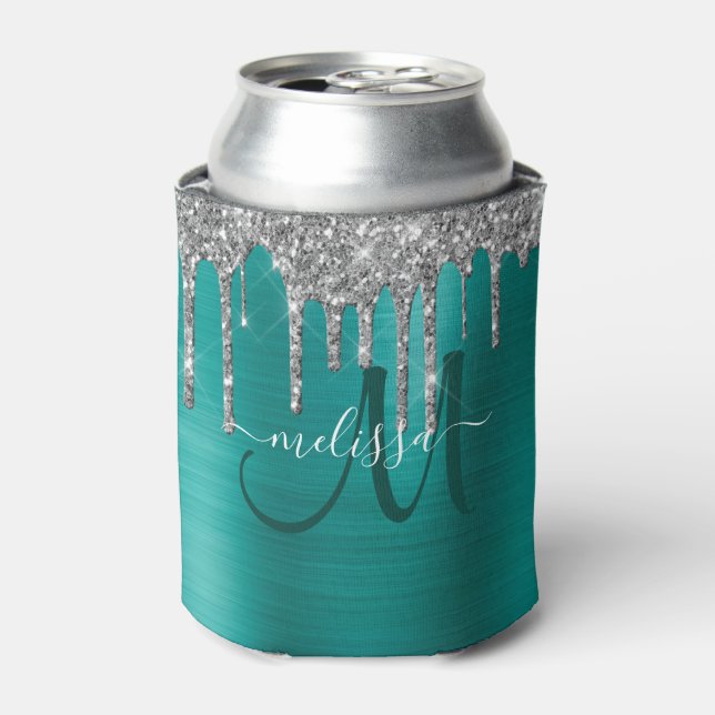 Chic Teal Brushed Metal Silver Glitter Drips Name Can Cooler (Can Front)