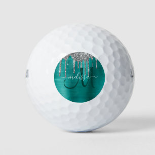 Chic Teal Brushed Metal Silver Glitter Drips Name Golf Balls