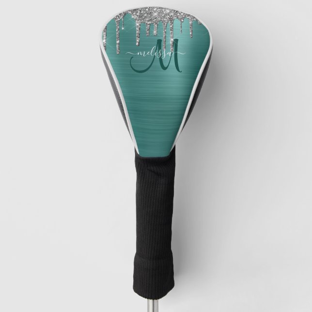 Chic Teal Brushed Metal Silver Glitter Drips Name Golf Head Cover (Front)