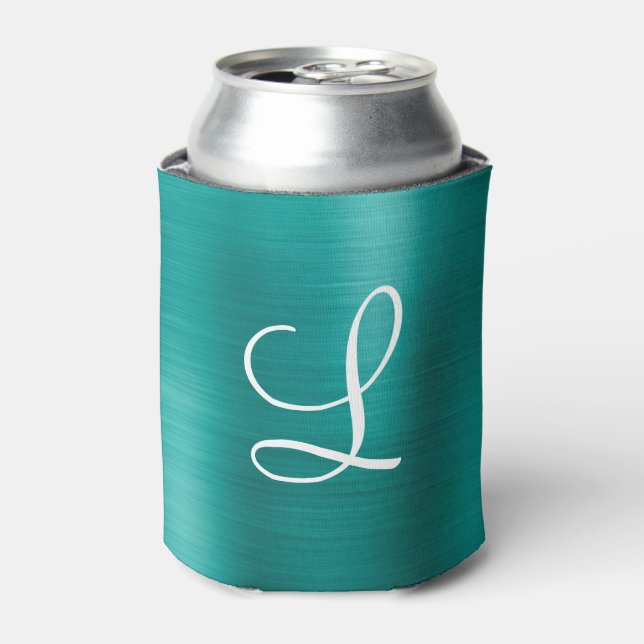 Chic Teal Brushed Metal White Monogram Can Cooler (Can Front)