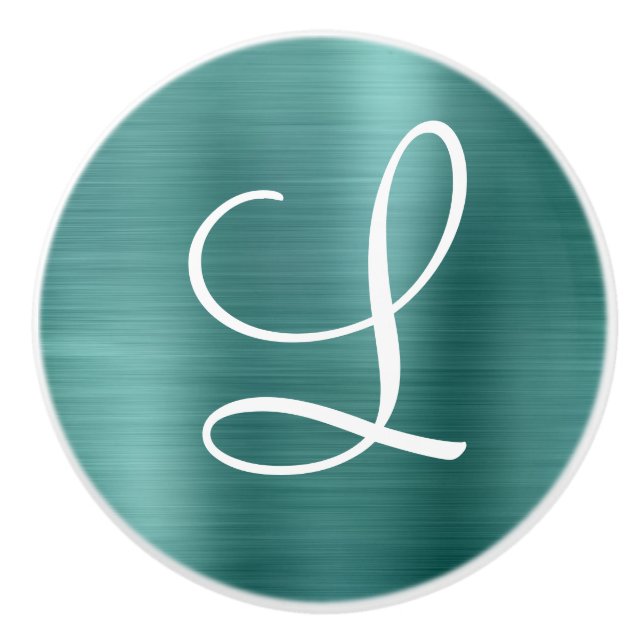 Chic Teal Brushed Metal White Monogram Ceramic Knob (Front)