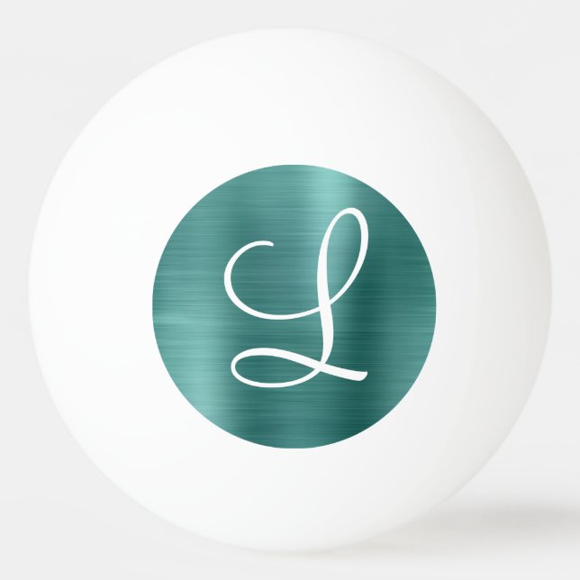 Chic Teal Brushed Metal White Monogram Ping Pong Ball (Front)