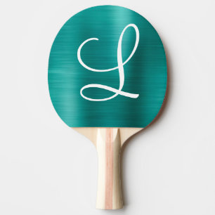 Chic Teal Brushed Metal White Monogram Ping Pong Paddle