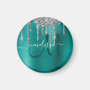 Chic Teal Brushed Metallic Silver Glitter Drips Magnet