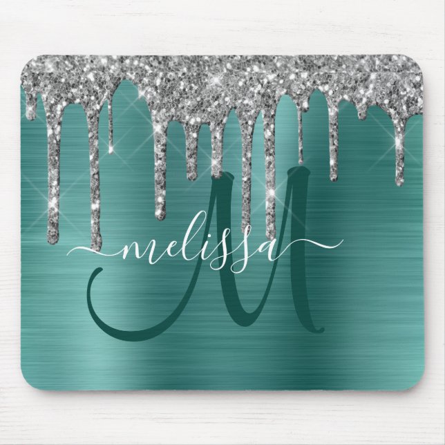Chic Teal Brushed Metallic Silver Glitter Drips Mouse Pad (Front)