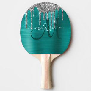 Chic Teal Brushed Metallic Silver Glitter Drips Ping Pong Paddle
