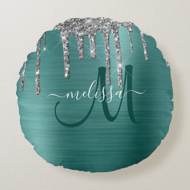 Chic Teal Brushed Metallic Silver Glitter Drips Round Pillow (Front)