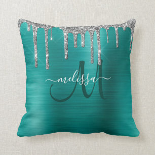 Chic Teal Brushed Metallic Silver Glitter Drips Throw Pillow