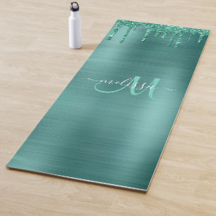 Chic Teal Dripping Glitter Monogram Name Yoga Mat