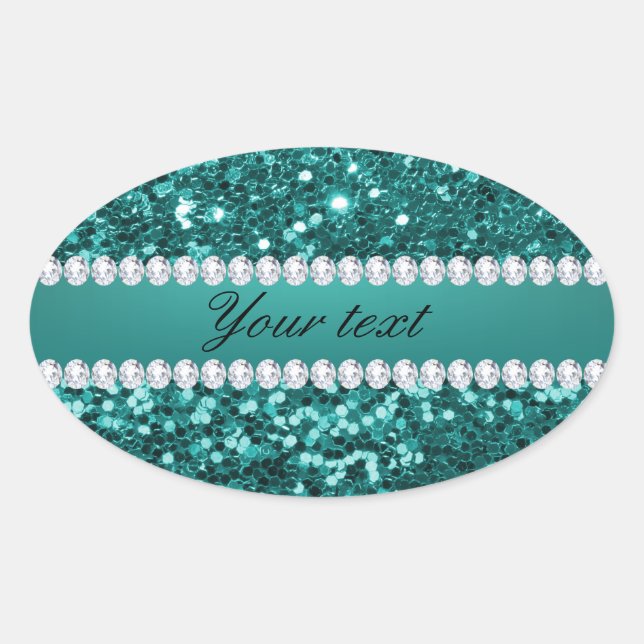 Chic Teal Faux Glitter and Diamonds Oval Sticker (Front)