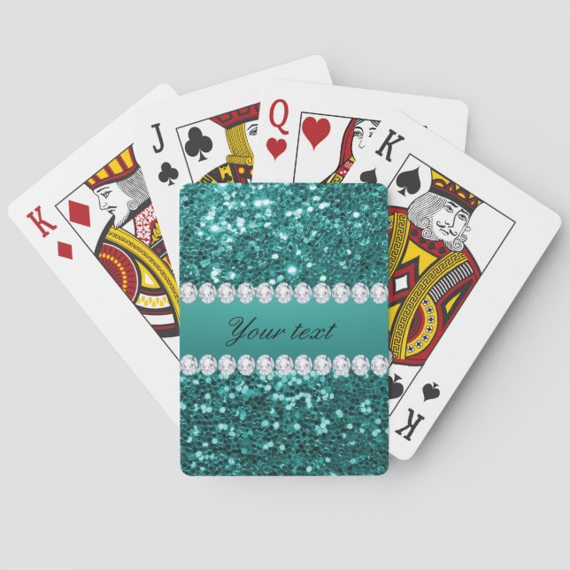 Chic Teal Faux Glitter and Diamonds Playing Cards (Back)