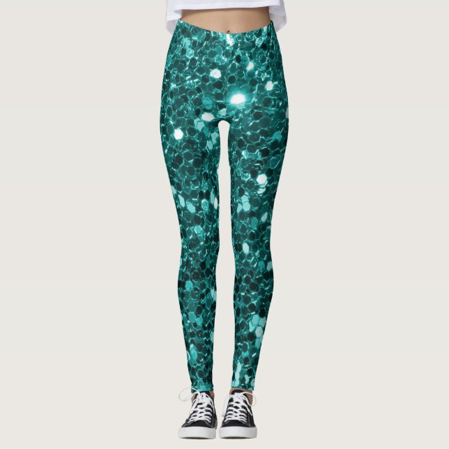 Chic Teal Faux Glitter Leggings (Front)