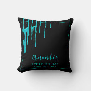 Chic Teal Glitter Drips Sweet 16 Birthday Throw Pillow
