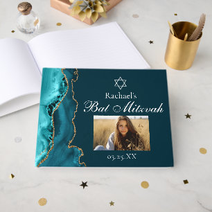 Chic Teal Gold Agate Bar Mitzvah Party Photo Guest Book