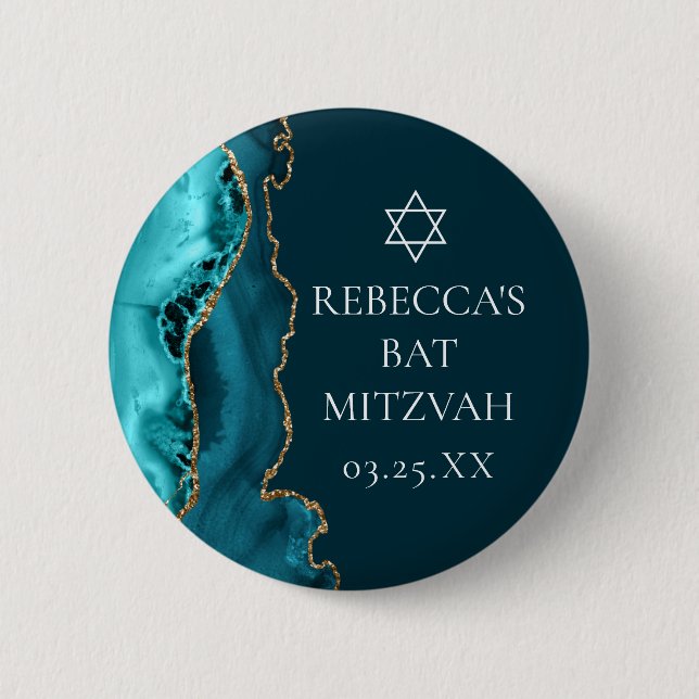 Chic Teal Gold Agate Bat Mitzvah Party 2 Inch Round Button (Front)