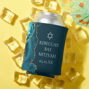 Chic Teal Gold Agate Bat Mitzvah Party Can Cooler