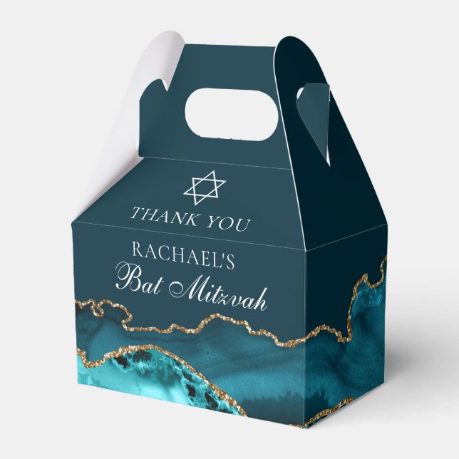 Chic Teal Gold Agate Bat Mitzvah Party Favor Box (Front Side)
