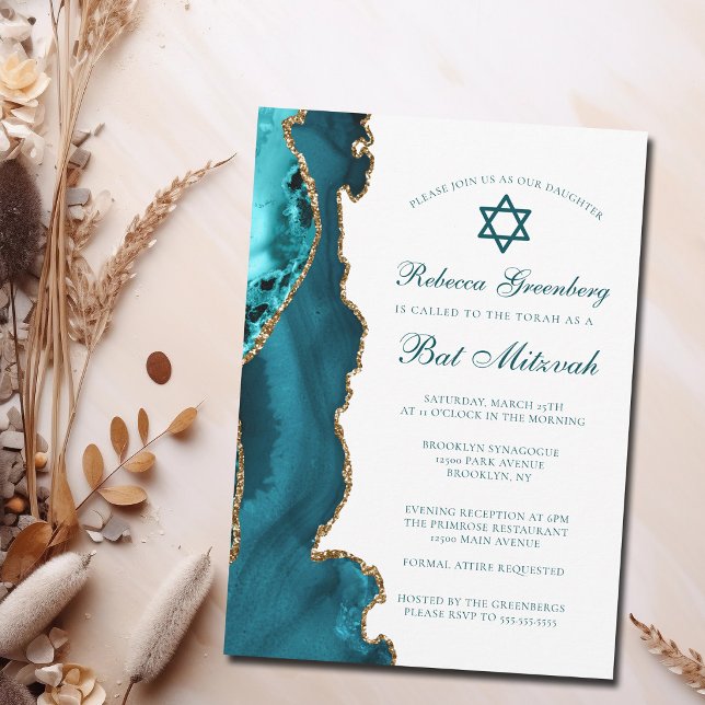 Chic Teal Gold Agate Bat Mitzvah Party Invitation (Creator Uploaded)