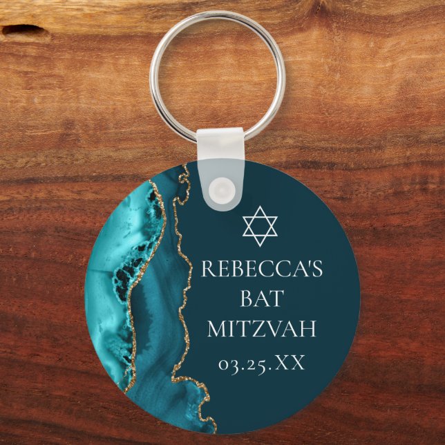 Chic Teal Gold Agate Bat Mitzvah Party Keychain (Front)