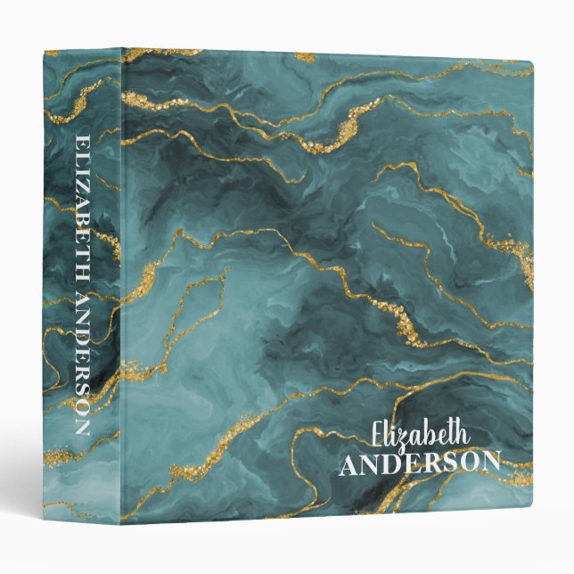 Chic Teal Gold Agate Geode Monogram 3 Ring Binder (Front/Spine)