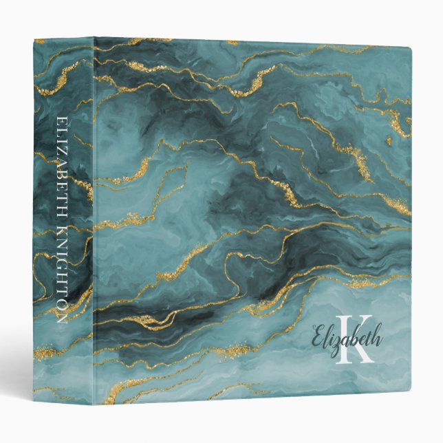 Chic Teal Gold Agate Geode Monogram Binder (Front/Spine)