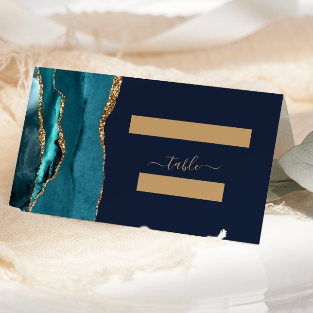 Chic Teal Gold Agate Navy Blue Wedding Place Card (Creator Uploaded)