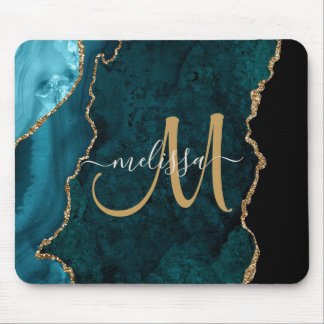 Chic Teal Gold Agate Script Custom Monogram Mouse Pad