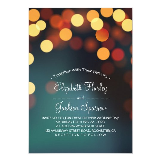Chic Teal Gold Bokeh Glitter String Lights Wedding Card