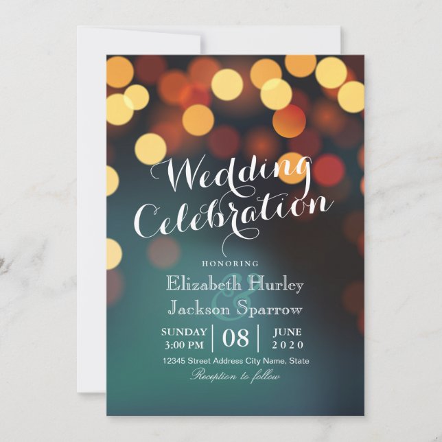 Chic Teal Gold Bokeh Glitter String Lights Wedding Invitation (Front)