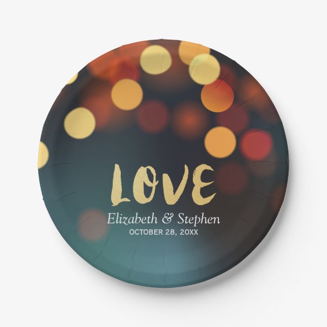 Chic Teal Gold Bokeh Glitter String Lights Wedding Paper Plate (Front)