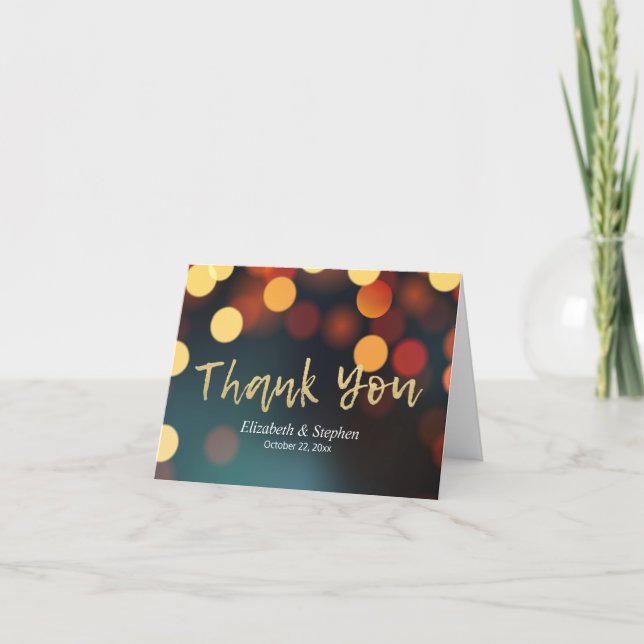 Chic Teal Gold Bokeh Lights Wedding Thank You Card (Front)