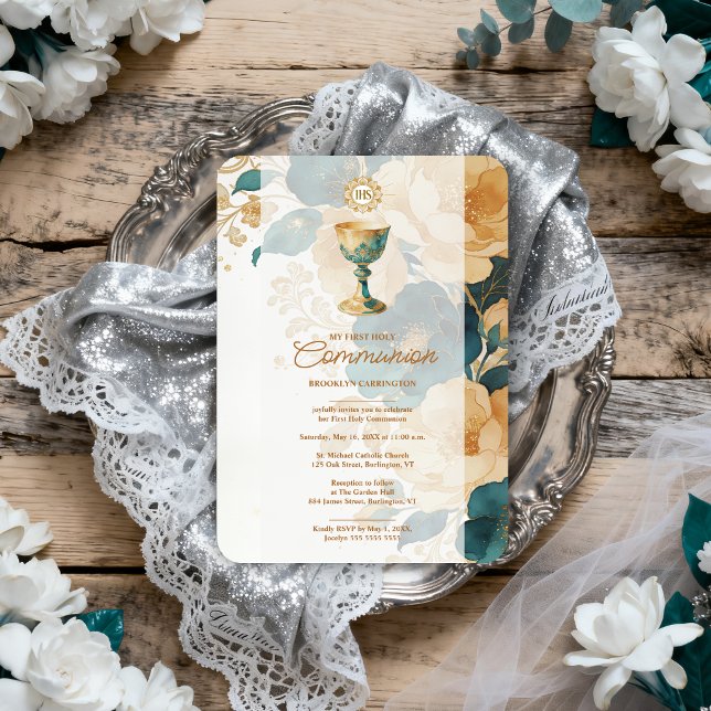 Chic Teal Gold First Holy Communion LPM26 Invitation (Chic Teal and Faux Gold First Holy Communion Invitation Card with Elegant Faux Metallic Chalice.)