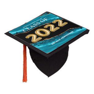 Chic Teal Gold Glitter Agate Class of 2022 Graduation Cap Topper
