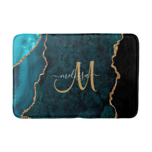 Chic Teal Gold Glitter Agate Custom Monogram Bath Mat