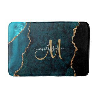 Chic Teal Gold Glitter Agate Custom Monogram Bath Mat
