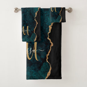 Chic Teal Gold Glitter Agate Custom Monogram Bath Towel Set