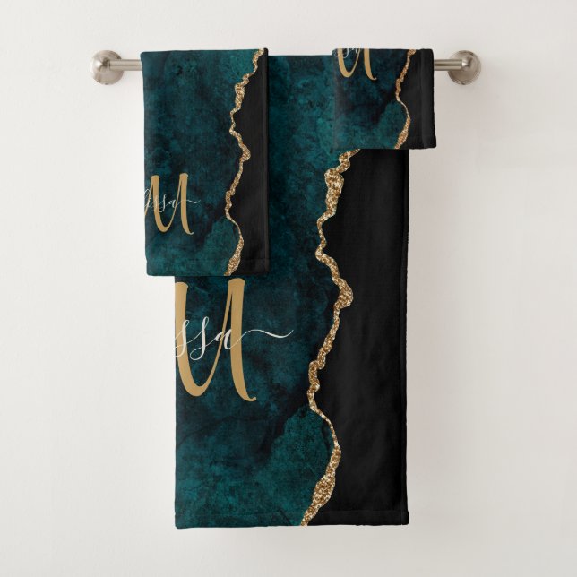 Chic Teal Gold Glitter Agate Custom Monogram Bath Towel Set (Insitu)