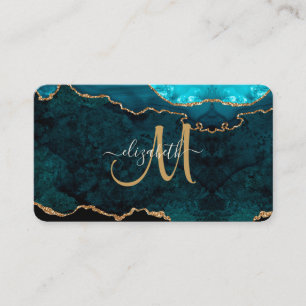 Chic Teal Gold Glitter Agate Custom Monogram Business Card