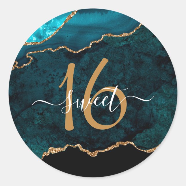 Chic Teal Gold Glitter Agate Custom Monogram Classic Round Sticker (Front)