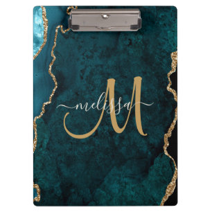 Chic Teal Gold Glitter Agate Custom Monogram Clipboard