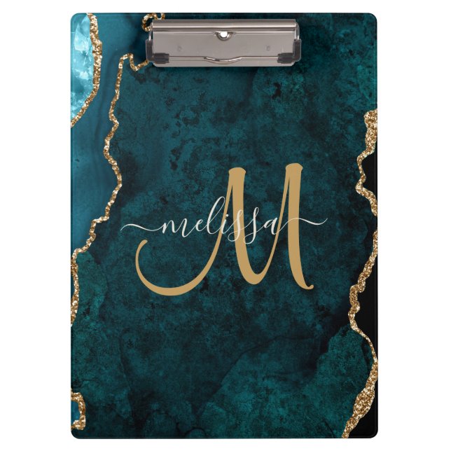 Chic Teal Gold Glitter Agate Custom Monogram Clipboard (Front)