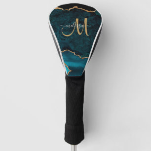Chic Teal Gold Glitter Agate Custom Monogram Golf Head Cover