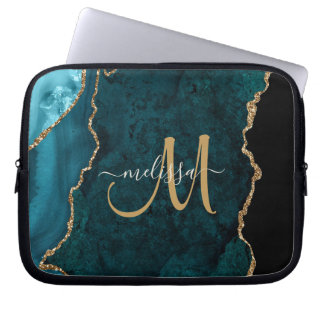 Chic Teal Gold Glitter Agate Custom Monogram Laptop Sleeve